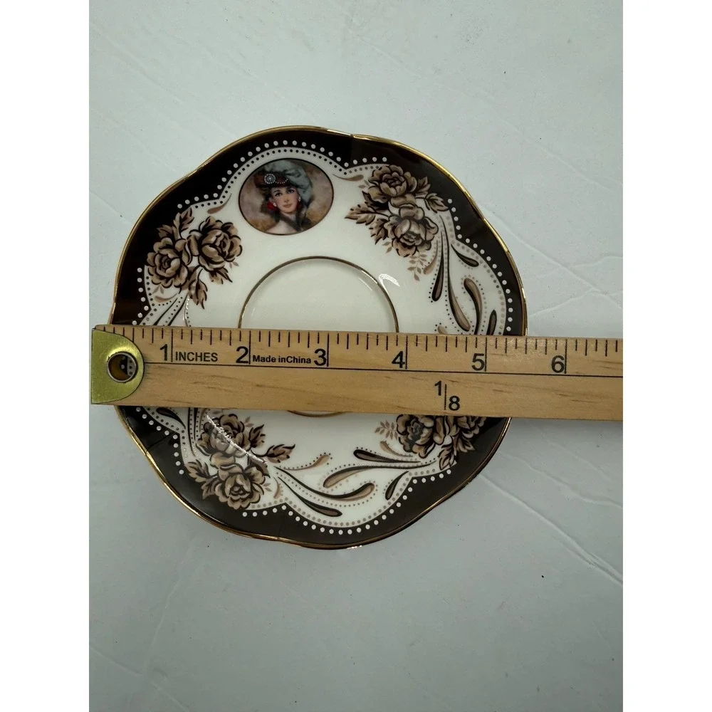Avon Honor‎ Society 1999 Teacup Saucer Black Gold Floral Victorian Lady Set